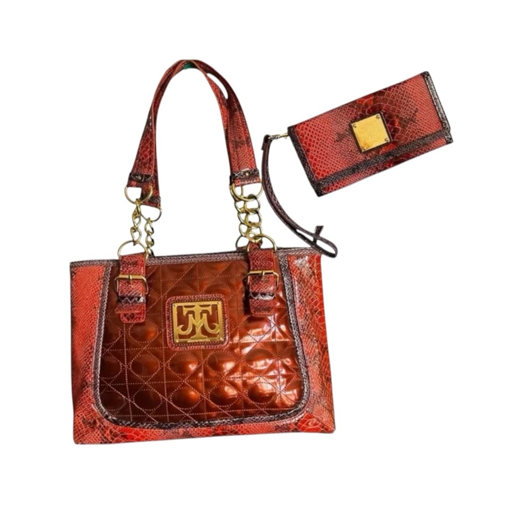 VTG. Y2K Miss Tina “Taste of Couture” quilted Snakeskin print Bag & Wallet.